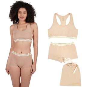 ORGANICKID Womens Organic Cotton Soft Boxer Briefs and Crop Top Racerback Bra Set Bralette GOTs Certified Panties in Gift Bag