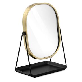 Navaris Magnifying Table Top Mirror - Double-Sided 1x/3x Magnification Vanity Makeup Mirror with Tray - for Bathroom, Bedroom, Desk - Black and Gold