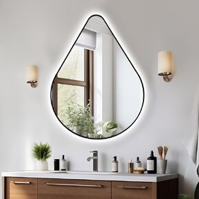 Niccy Irregular Bathroom LED Lighted Mirror, 30"x40" LED Wall Mounted Vanity Makeup Mirror, 3-Color Adjustal, Dimmable, Anti-Fog, Asymmetrical Mirror with Black Frame, Memory Function, IP65 Waterproof