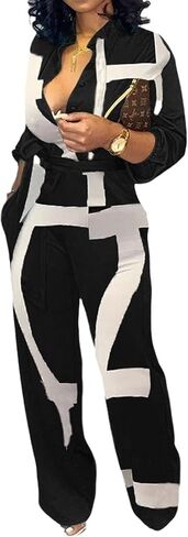 SeNight Women's Jumpsuits Elegant Business Casual Button Down V Neck Long Sleeve Strap Straight Long Pants With Pockets in Saudi Arabia