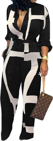 SeNight Women's Jumpsuits Elegant Business Casual Button Down V Neck Long Sleeve Strap Straight Long Pants With Pockets in Saudi Arabia