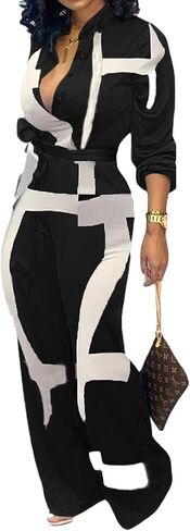 SeNight Women's Jumpsuits Elegant Business Casual Button Down V Neck Long Sleeve Strap Straight Long Pants With Pockets in Saudi Arabia