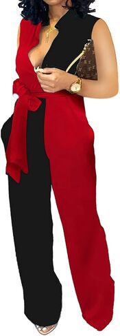 SeNight Women's Jumpsuits Elegant Business Casual Button Down V Neck Long Sleeve Strap Straight Long Pants With Pockets in Saudi Arabia