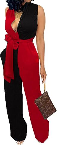 SeNight Women's Jumpsuits Elegant Business Casual Button Down V Neck Long Sleeve Strap Straight Long Pants With Pockets in Saudi Arabia