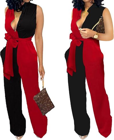 SeNight Women's Jumpsuits Elegant Business Casual Button Down V Neck Long Sleeve Strap Straight Long Pants With Pockets in Saudi Arabia