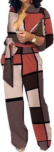 SeNight Women's Jumpsuits Elegant Business Casual Button Down V Neck Long Sleeve Strap Straight Long Pants With Pockets in Saudi Arabia