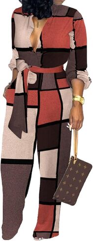 SeNight Women's Jumpsuits Elegant Business Casual Button Down V Neck Long Sleeve Strap Straight Long Pants With Pockets in Saudi Arabia