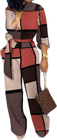 SeNight Women's Jumpsuits Elegant Business Casual Button Down V Neck Long Sleeve Strap Straight Long Pants With Pockets in Saudi Arabia