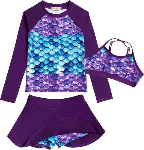 Girls Swimsuit Long Sleeve Swim Shirt 3 Piece Rash Guard for Girls Bathing Suit with Boyshorts in Kuwait