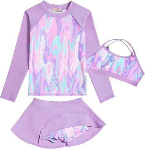 Girls Swimsuit Long Sleeve Swim Shirt 3 Piece Rash Guard for Girls Bathing Suit with Boyshorts in Kuwait