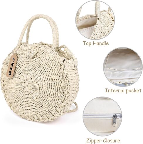 حقيبة صيفية مستديرة من الروطان للشاطئ، حقيبة يد نسائية منسوجة يدويًا من القش بالي in Kuwait