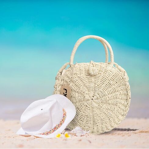 حقيبة صيفية مستديرة من الروطان للشاطئ، حقيبة يد نسائية منسوجة يدويًا من القش بالي in Kuwait