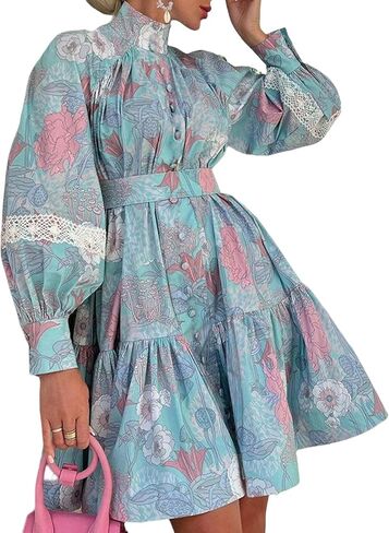 xxxiticat Women's Floral Print Ruffle Dress Long Lantern Sleeve High Neck Button Down Flared Lace Up Bandage Mini Dress in Saudi Arabia