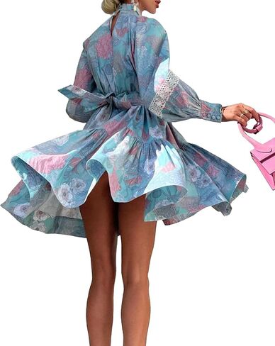 xxxiticat Women's Floral Print Ruffle Dress Long Lantern Sleeve High Neck Button Down Flared Lace Up Bandage Mini Dress in Saudi Arabia
