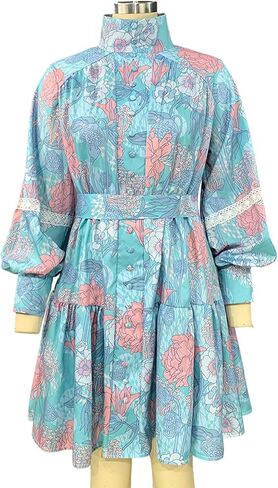 xxxiticat Women's Floral Print Ruffle Dress Long Lantern Sleeve High Neck Button Down Flared Lace Up Bandage Mini Dress in Saudi Arabia