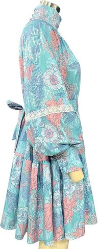xxxiticat Women's Floral Print Ruffle Dress Long Lantern Sleeve High Neck Button Down Flared Lace Up Bandage Mini Dress in Saudi Arabia