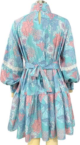 xxxiticat Women's Floral Print Ruffle Dress Long Lantern Sleeve High Neck Button Down Flared Lace Up Bandage Mini Dress in Saudi Arabia