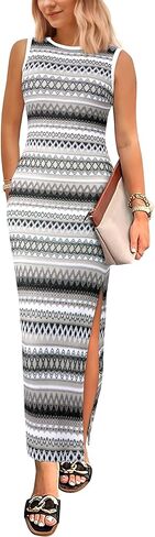 PRETTYGARDEN Womens Summer Sleeveless Tank Dress Crew Neck Striped Side Slit Bodycon Casual Maxi Dresses in Kuwait