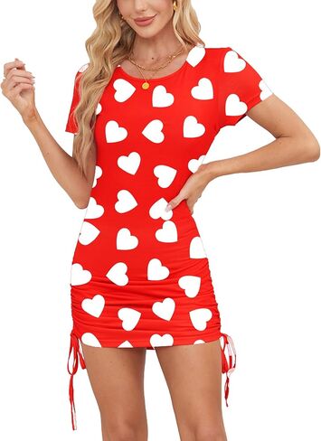 Women Valentines Dress Crewneck Short Sleeve Adjustable Drawstring Mini Dress in Saudi Arabia