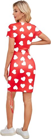 Women Valentines Dress Crewneck Short Sleeve Adjustable Drawstring Mini Dress in Saudi Arabia