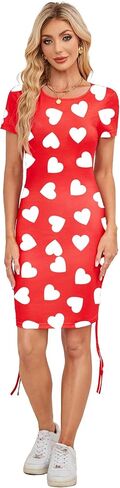 Women Valentines Dress Crewneck Short Sleeve Adjustable Drawstring Mini Dress in Saudi Arabia