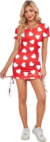 Women Valentines Dress Crewneck Short Sleeve Adjustable Drawstring Mini Dress in Saudi Arabia