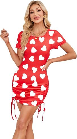Women Valentines Dress Crewneck Short Sleeve Adjustable Drawstring Mini Dress in Saudi Arabia
