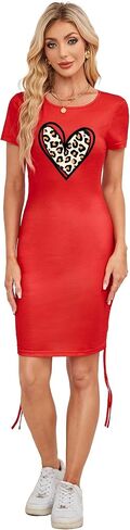 Women Valentines Dress Crewneck Short Sleeve Adjustable Drawstring Mini Dress in Saudi Arabia