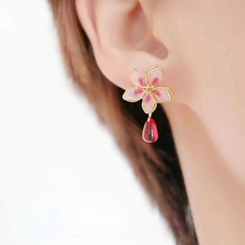 Cherry Blossom Delight - Radiate Elegance with Our Mori-Inspired Enamel Flower Earrings Featuring an Exquisite Asymmetrical Design, Dripping Oil Effect, 925 Silver Needles.Can wear Them All Day. Perfect for Any Occasion - A Must-Have Addition to Your Jewe in Kuwait
