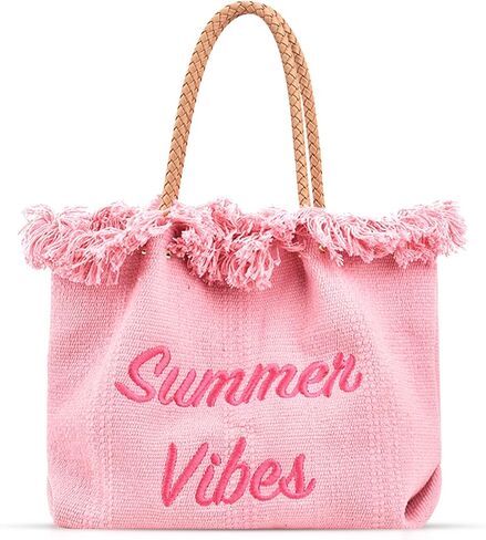 حقيبة شاطئ صيفية، حقيبة يد وردية بحزام كتف جلدي، حقيبة كتف قماشية مهدبة، حقائب يد ذات سعة كبيرة لقضاء العطلات والسفر يوميًا (وردي) in Kuwait