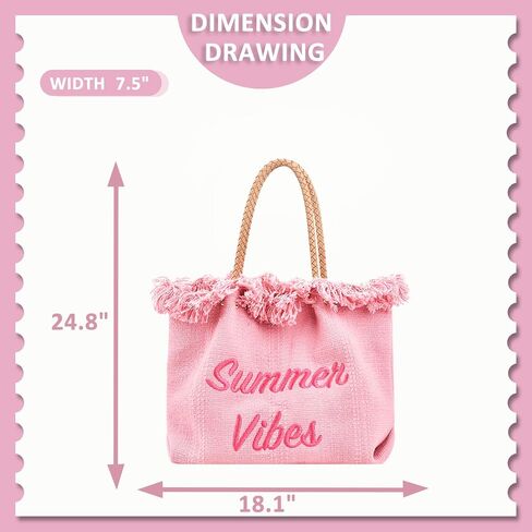 حقيبة شاطئ صيفية، حقيبة يد وردية بحزام كتف جلدي، حقيبة كتف قماشية مهدبة، حقائب يد ذات سعة كبيرة لقضاء العطلات والسفر يوميًا (وردي) in Kuwait