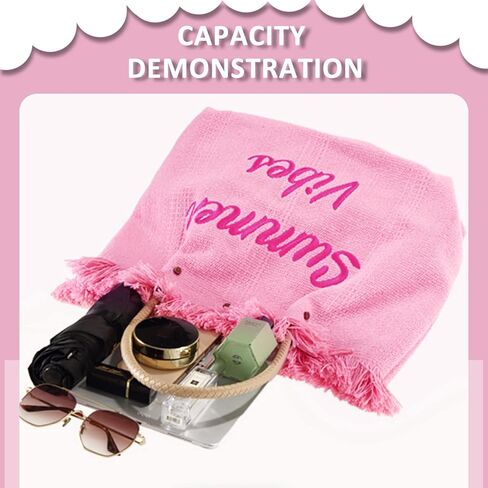 حقيبة شاطئ صيفية، حقيبة يد وردية بحزام كتف جلدي، حقيبة كتف قماشية مهدبة، حقائب يد ذات سعة كبيرة لقضاء العطلات والسفر يوميًا (وردي) in Kuwait