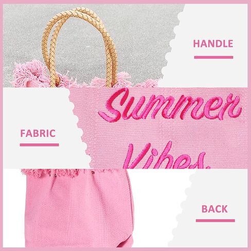 حقيبة شاطئ صيفية، حقيبة يد وردية بحزام كتف جلدي، حقيبة كتف قماشية مهدبة، حقائب يد ذات سعة كبيرة لقضاء العطلات والسفر يوميًا (وردي) in Kuwait