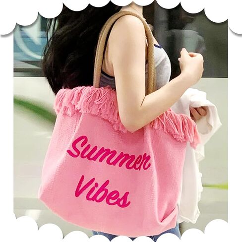حقيبة شاطئ صيفية، حقيبة يد وردية بحزام كتف جلدي، حقيبة كتف قماشية مهدبة، حقائب يد ذات سعة كبيرة لقضاء العطلات والسفر يوميًا (وردي) in Kuwait