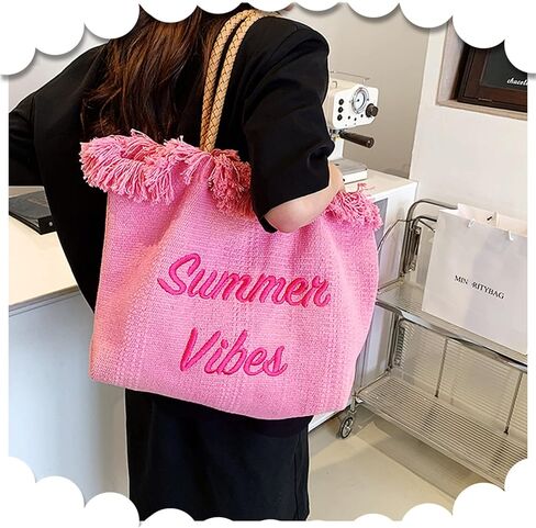 حقيبة شاطئ صيفية، حقيبة يد وردية بحزام كتف جلدي، حقيبة كتف قماشية مهدبة، حقائب يد ذات سعة كبيرة لقضاء العطلات والسفر يوميًا (وردي) in Kuwait