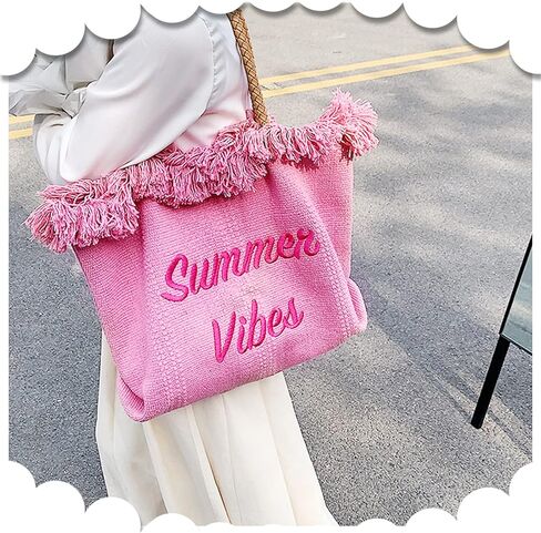 حقيبة شاطئ صيفية، حقيبة يد وردية بحزام كتف جلدي، حقيبة كتف قماشية مهدبة، حقائب يد ذات سعة كبيرة لقضاء العطلات والسفر يوميًا (وردي) in Kuwait