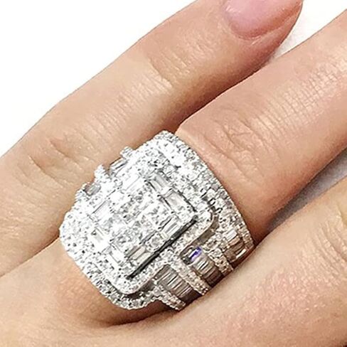 925 Sterling Silver Luxury Exaggerated Women's Full Diamond Cubic Zirconia Promise Ring CZ Diamond Multi Row Ring Eternal Engagement Wedding Jewelry-Making-Patterns in Kuwait