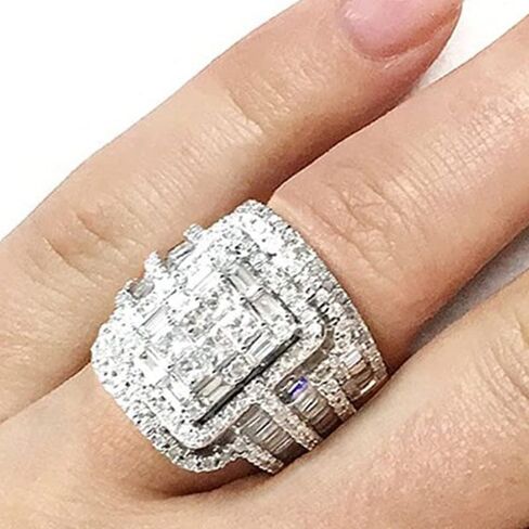 925 Sterling Silver Luxury Exaggerated Women's Full Diamond Cubic Zirconia Promise Ring CZ Diamond Multi Row Ring Eternal Engagement Wedding Jewelry-Making-Patterns in Kuwait