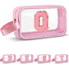 Initial Makeup Bag,Letter A Cute Clear Monogrammed Cosmetic Travel Bag for Womens Girls,Personalized Pink Aesthetic Traveling Make Up Organizer Bag for Beach,Waterproof Toiletry Bag