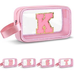 Initial Makeup Bag,Letter A Cute Clear Monogrammed Cosmetic Travel Bag for Womens Girls,Personalized Pink Aesthetic Traveling Make Up Organizer Bag for Beach,Waterproof Toiletry Bag in Kuwait
