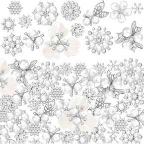 40 Pcs Rhinestone Buttons Faux Pearl Embellishment Christmas Silver Snowflake Brooch Flat Back Pearl Brooch Floral Charm Pendant for Jewelry Making DIY Craft Wedding Bouquet Clothes Bag Shoe