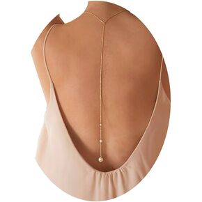 Pearls Back Chain Necklace Bridal Wedding Backdrop Body Jewelry for Women Summer Body Chain Necklace Shoulder Back Chain (Gold 3)