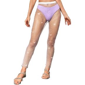Yokawe Sparkly Crystal Mesh Pants Rhinestone Hollow Out Fishnet Bottoms Rave Party Festival Club Trousers Summer Beach Body Accessories for Women (White)