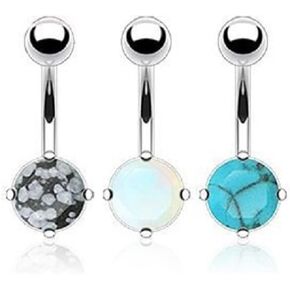 Pierced Owl Set of 3 14GA 316L Surgical Steel Semi Precious Stone Belly Button Rings, Includes Opalite, Snowflake Obsidian & Blue Turquoise