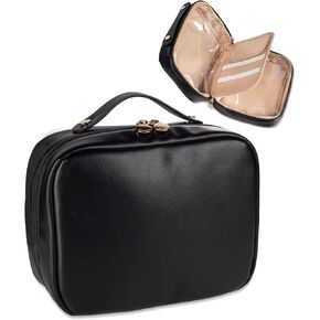 Abiudeng Makeup Bag Travel Makeup Bag Wide-Open Make Up Bag with Brush Compartments Large Portable Cosmetic Bag Pouch with Handle PU Leather Water-Resistant Makeup Organiser Bag for Women-Black