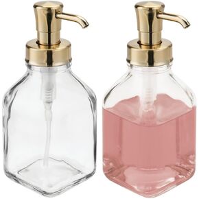 mDesign Square Glass Refillable Liquid Soap Dispenser Pump Bottle for Bathroom Vanity Countertop, Kitchen Sink - Holds Hand Soap, Dish Soap, Hand Sanitizer, Essential Oils - 2 Pack - Clear/Soft Brass