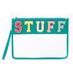 Clear Stuff Bag for Travel,Chenille Letter Sewn On Zipper Pouch, PVC&PU Leather Cosmetic Bags,Sunscreen Bag, Toiletry Bag, Water-proof Makeup Bag For Women and Children, Gym, Grass (Green)