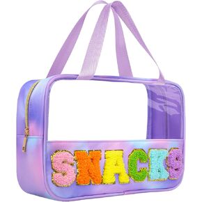 OlyPegic Chenille Letter Patch Clear Makeup Bag, Snack Bag for Travel Preppy Cosmetic Bag Clear Pouch Zipper PVC&Nylon Waterproof Travel Toiletry Stuff Bag Beach Bag for Women Girls