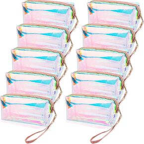 10 Pcs Holographic Clear Makeup Bags Iridescent Cosmetic Bags Travel Cosmetic Bags with Zipper Wrist Loop Waterproof Toiletries Organizer for Home Office Wedding Bachelorette Use