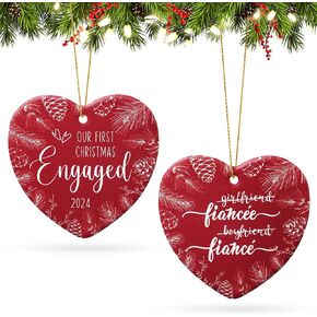 Marsui Engaged Christmas Ornament 2024 Double Sided Different Patterns Happy Engagement Gifts Ceramic Heart Shaped Ornament Newly Engaged Gifts for Couple Fiancee Fiance Gifts Women